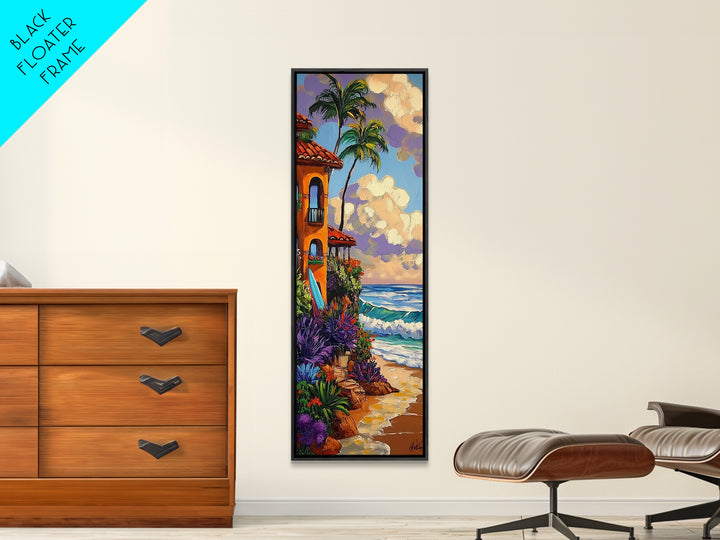 Coastal Villa, Surf, Tropics Canvas Print Mediterranean villa by the sea art, surfboard and tropical plants, boho beach decor, hallway print