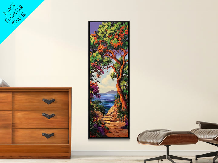Coastal Trail,Trees,Escape — Framed Canvas Print, tropical coastal decor, beachside nature wall art, entryway or hallway boho painting