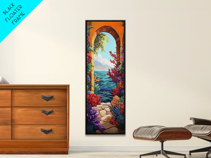 Ocean View, Archway Art, Tropical Seascape, Framed Canvas Print, Coastal Home Decor, Mediterranean Entryway Art, Bright Nautical Art