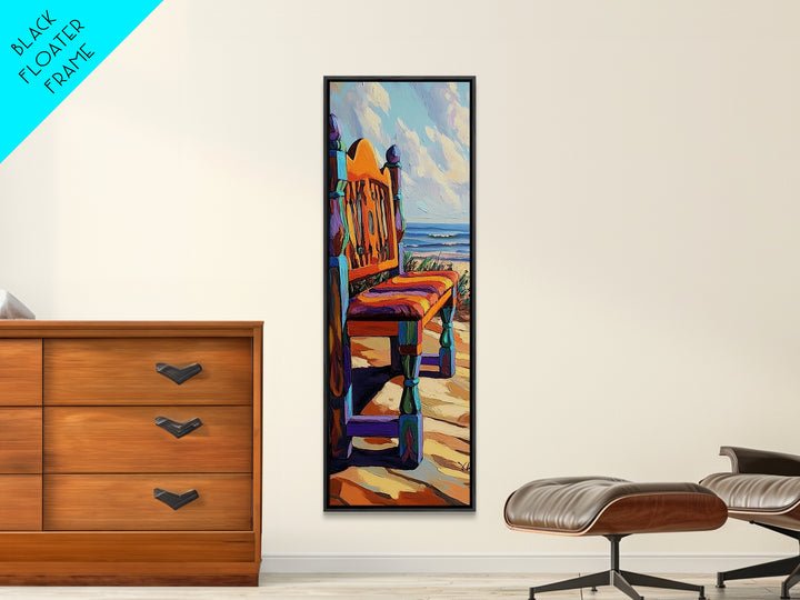 Ocean Chair, Beach View, Coastal Outdoor Scene, Framed Canvas Print, Seaside Patio Art, Tropical Boho Decor, Relaxing Vacation Vibes