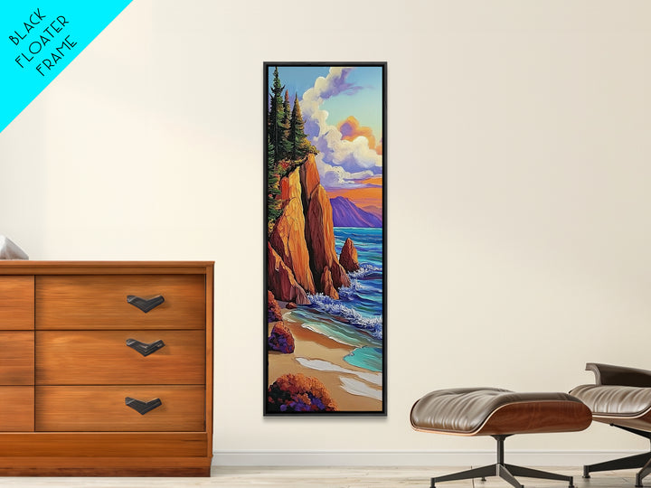 Rocky Coast, Ocean Cliffs, Sunset Mountain Seascape, Framed Canvas Print, Nature Landscape Wall Art, Fall Living Room Wilderness Decor