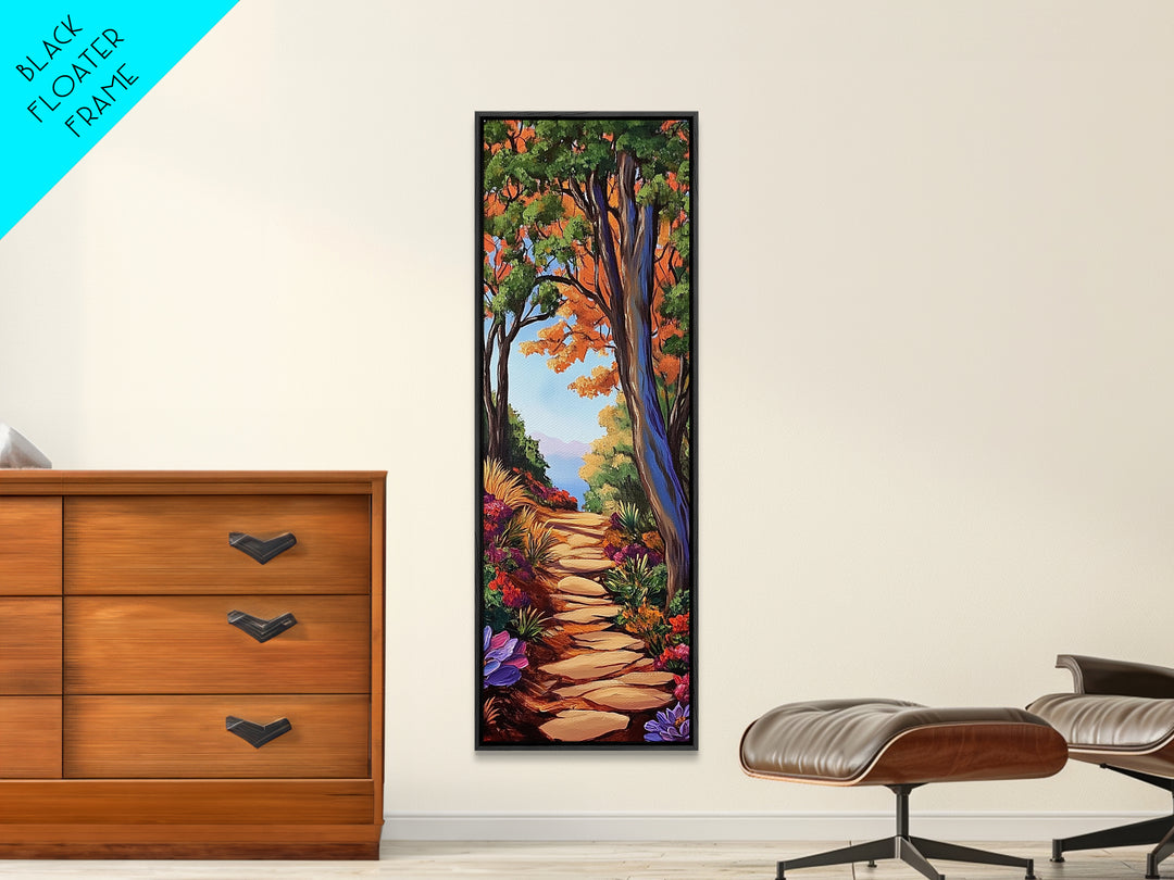 Autumn Pathway, Forest, Nature — Framed Canvas Print of scenic forest path with fall trees, cozy rustic living room wall decor, woodland art