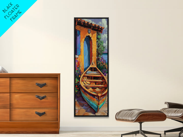 Docked Boat Flowers Villa, Framed Canvas Print, Mediterranean coastal home decor, bright rustic art, hallway wall art, summer lakehouse print