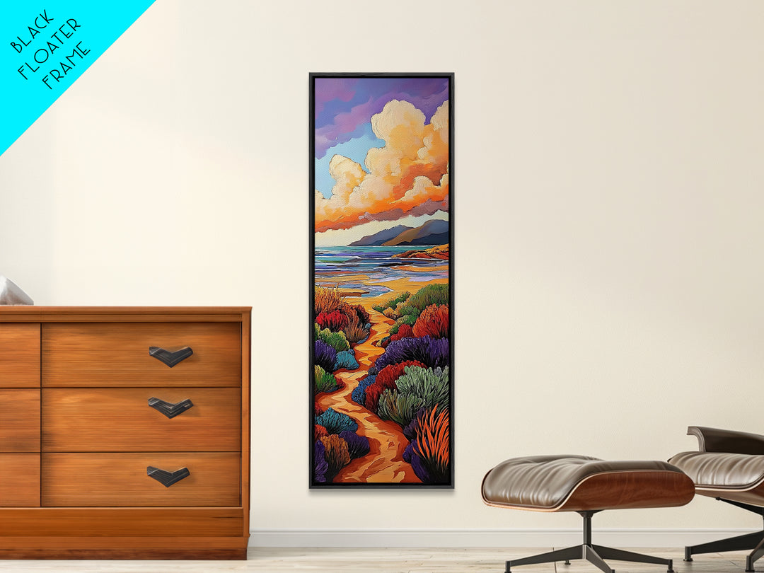 Beach Trail, Colorful Dunes, Seaside Nature, Framed Canvas Print, vibrant coastal landscape painting, tropical home wall art, bedroom art