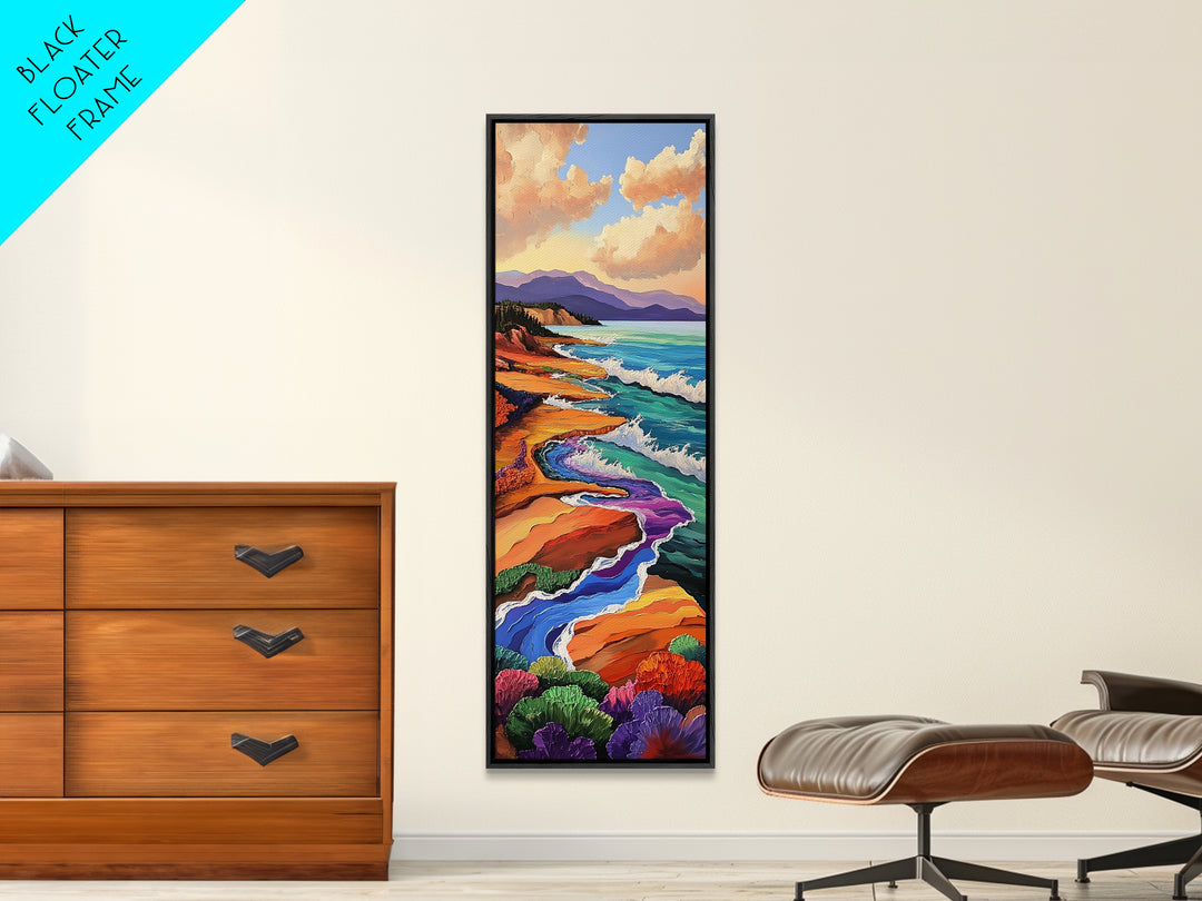 Coastal Waves, Flowers Landscape, Framed Canvas Print, Coastal wall art, beach landscape decor, boho style, bathroom or hallway art