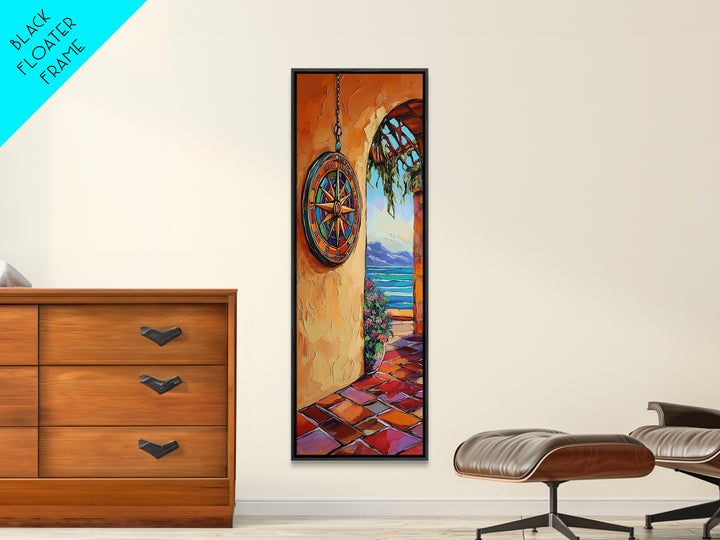 Coastal Compass, Archway View, Framed Canvas Print, Mediterranean boho home decor, nautical hallway wall art, vibrant beach escape