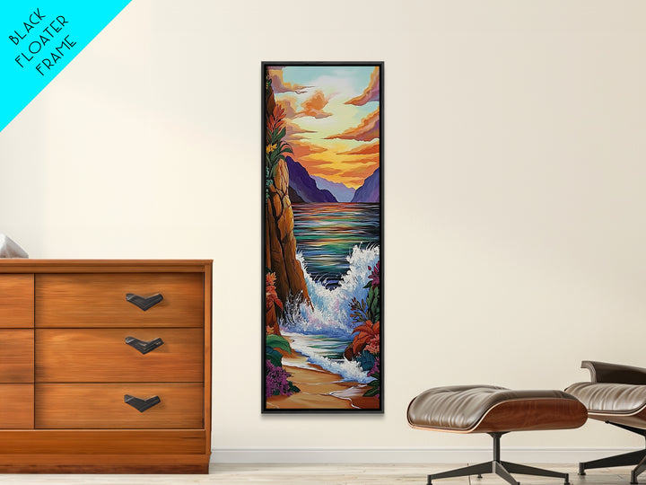 Coastal Sunset Waves Garden, Framed Canvas Print, Ocean beach sunset painting, floral wall decor, coastal fall home art, bohemian vibe