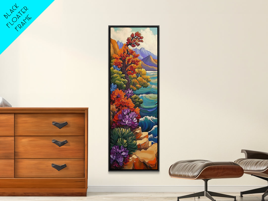 Autumn Cliff, Blossoms Ocean, Framed Canvas Print, fall coastal landscape art, mountainside floral decor, nature living room wall print