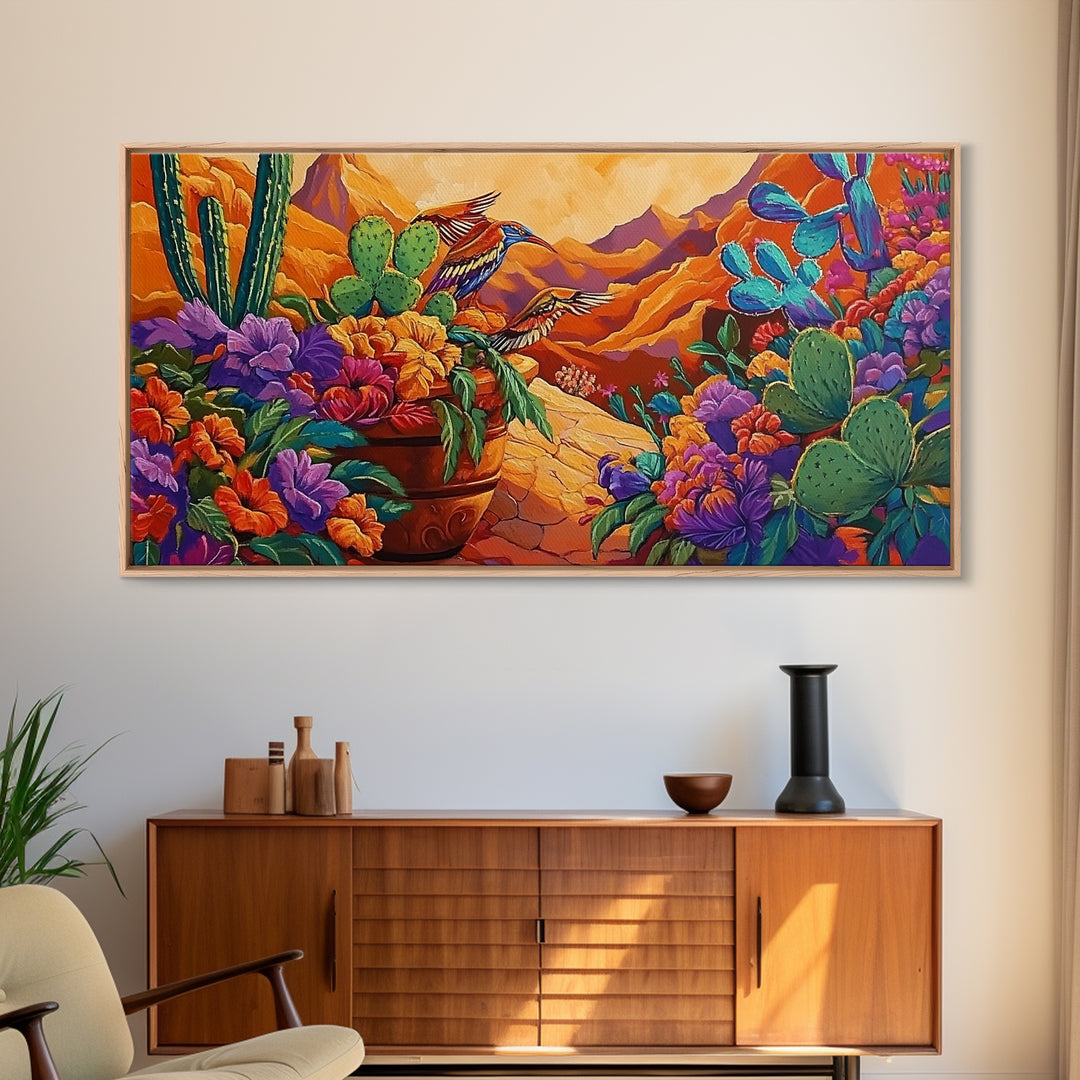 Birds Cactus, Blossoms, Bright Nature Framed Canvas Print, Desert Floral Wall Decor, Southwest Living Room Boho Wall Art
