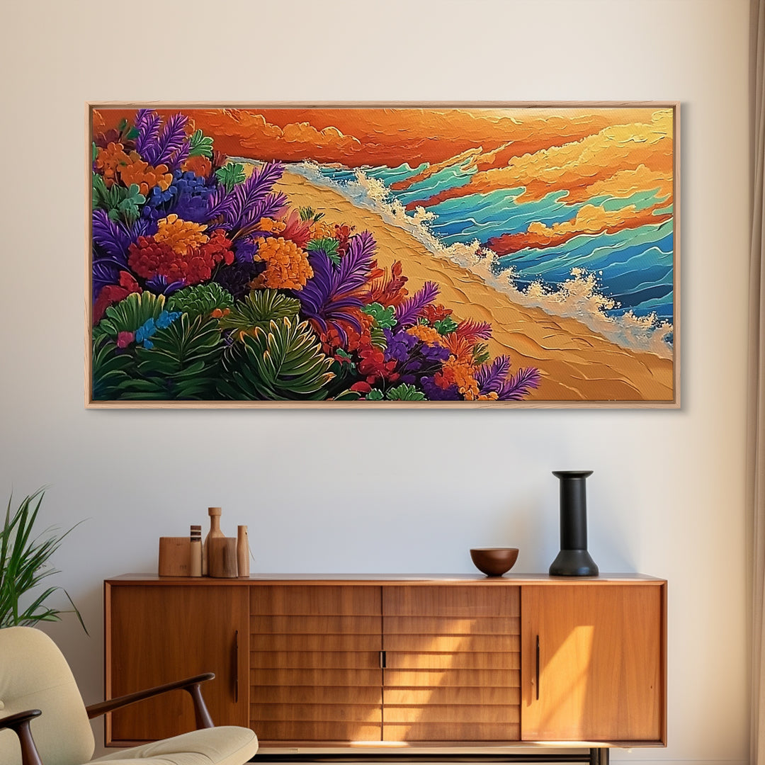 Beach Flowers, Sunset, Coastal Decor Canvas Print, Colorful Ocean Landscape, Tropical Boho Art, Living Room Beach Wall Art