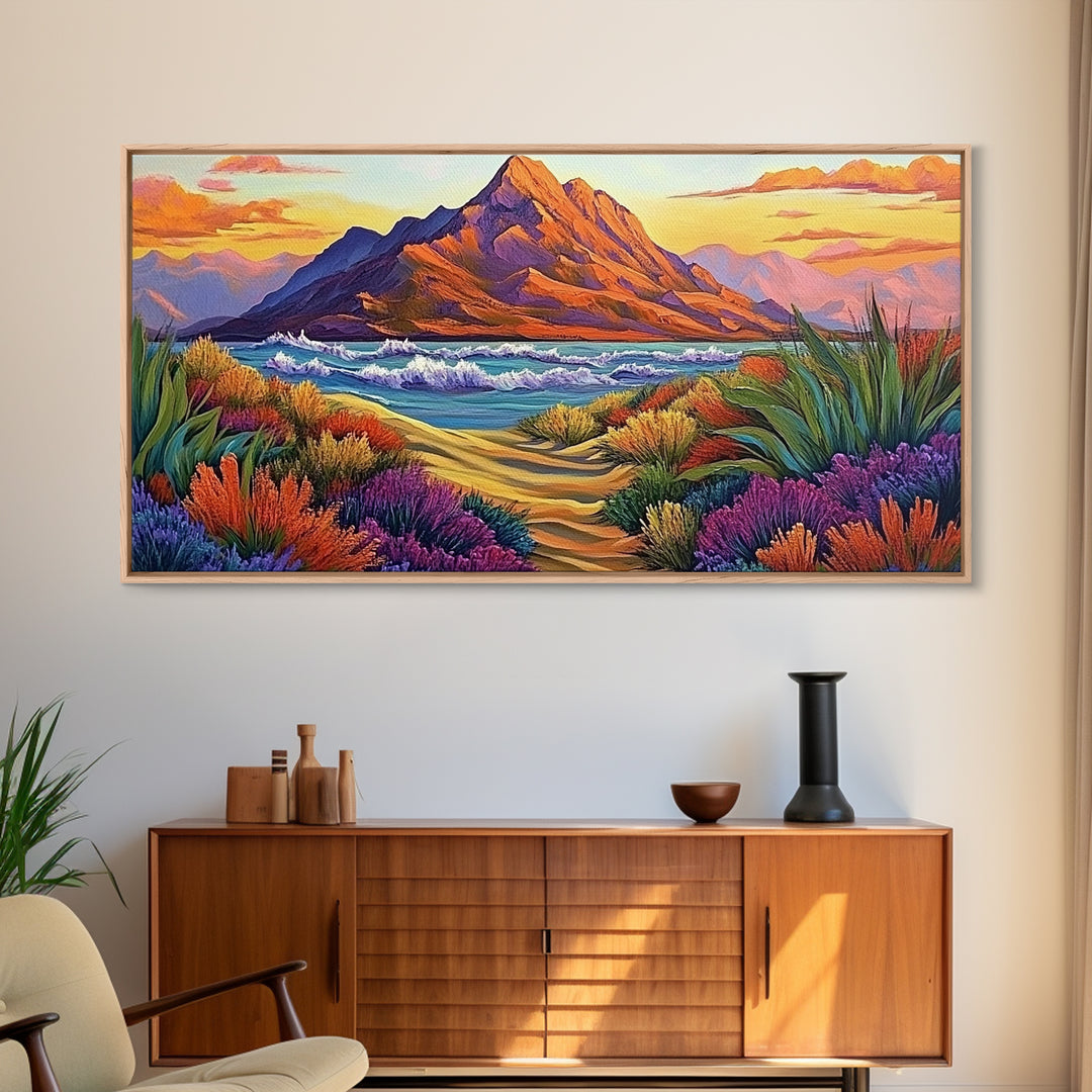 Mountains Waves, Path, Sunset Landscape Canvas Print, Colorful Nature Wall Art, Southwest Bedroom Decor, Autumn Art Style