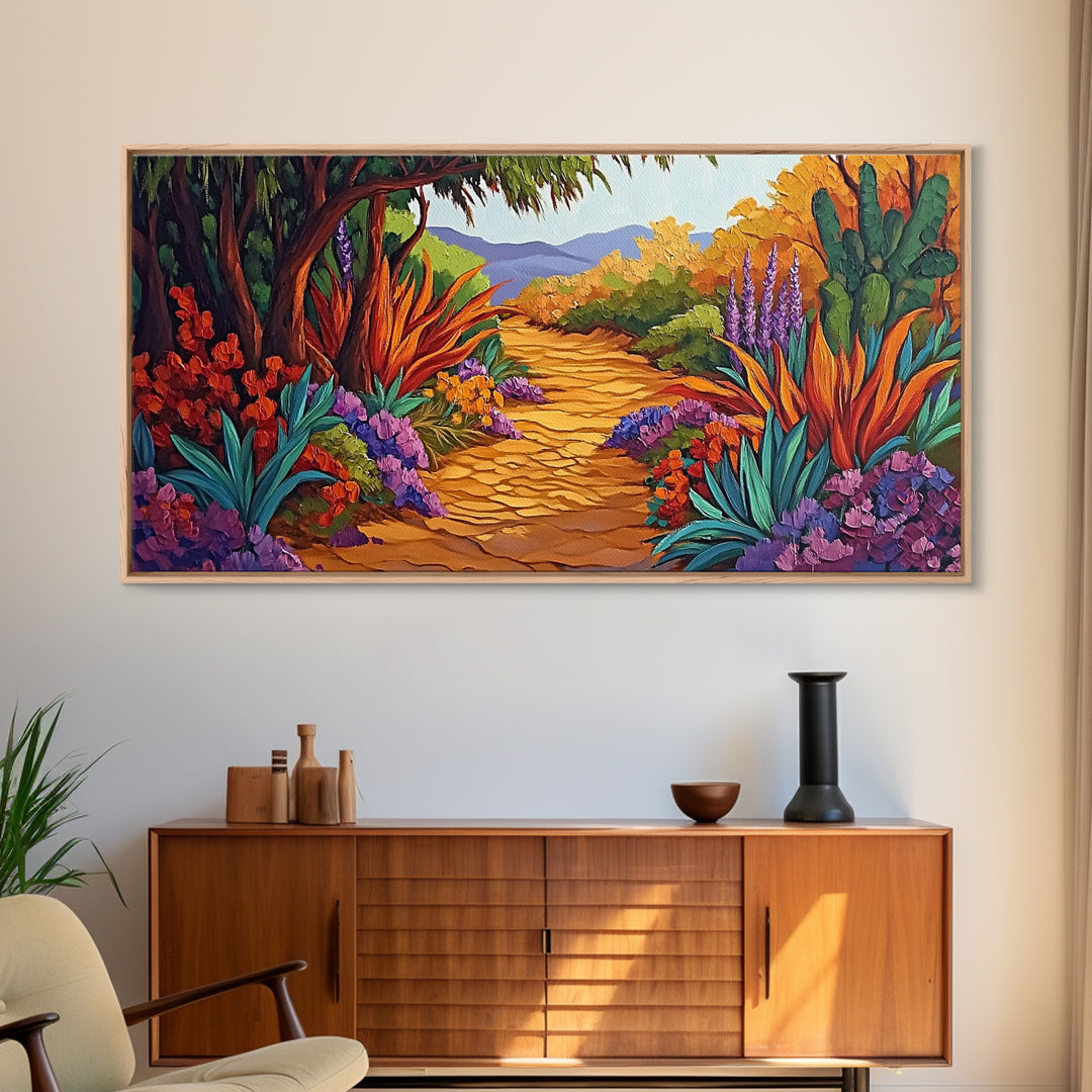 Autumn Pathway, Forest, Flowers, Framed Canvas Print fall landscape painting, nature wall art, rustic cabin decor, living room art