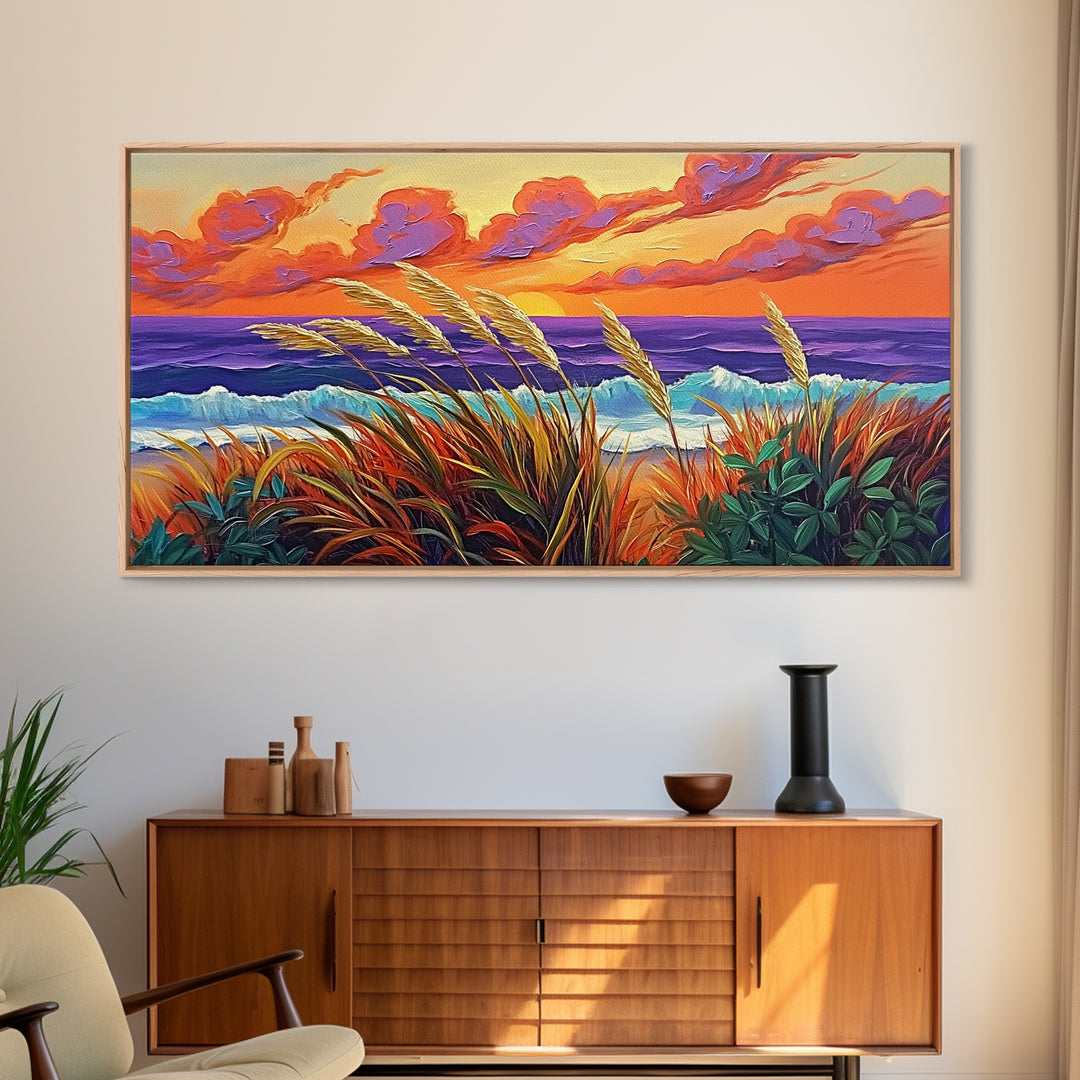Ocean Sunset, Dunes, Seagrass, Canvas Print beach landscape wall decor, coastal art, vibrant sunset painting, tropical boho home decor
