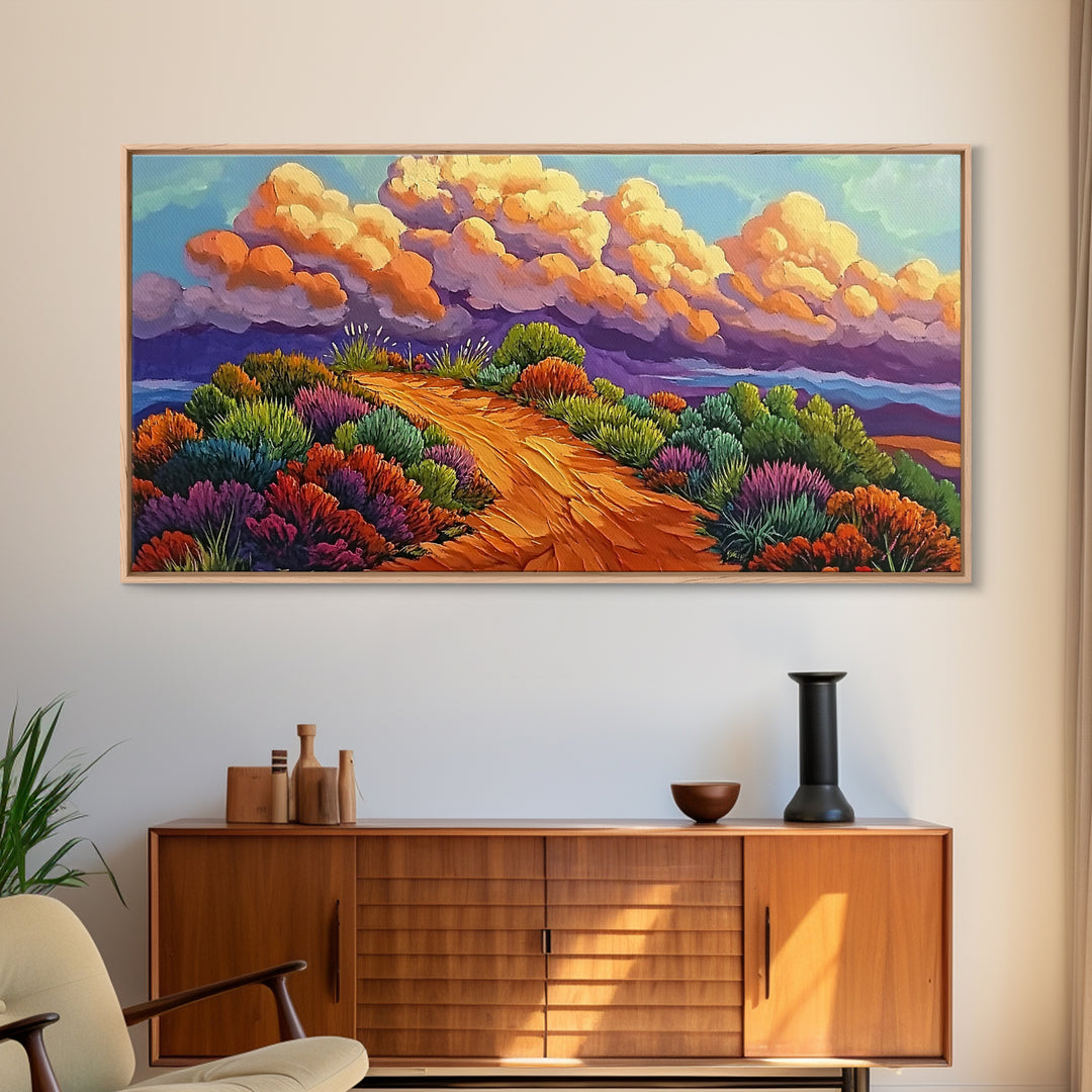 Autumn Trail, Clouds, Flowers, Canvas Print, fall mountain trail painting, landscape wall art, rustic cabin decor, hallway artwork