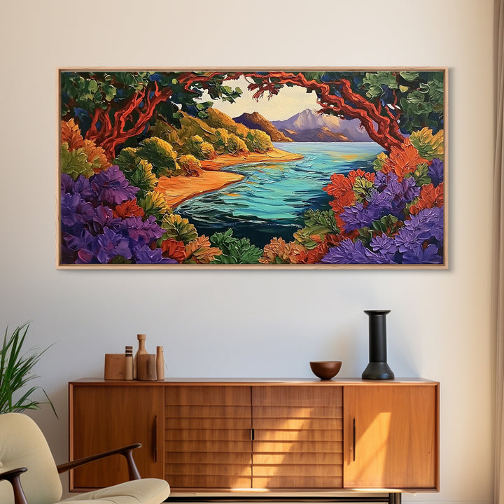 Colorful Coastal, Framed, Bright tropical coastal landscape view with water and foliage, Framed Canvas Print, living room wall art