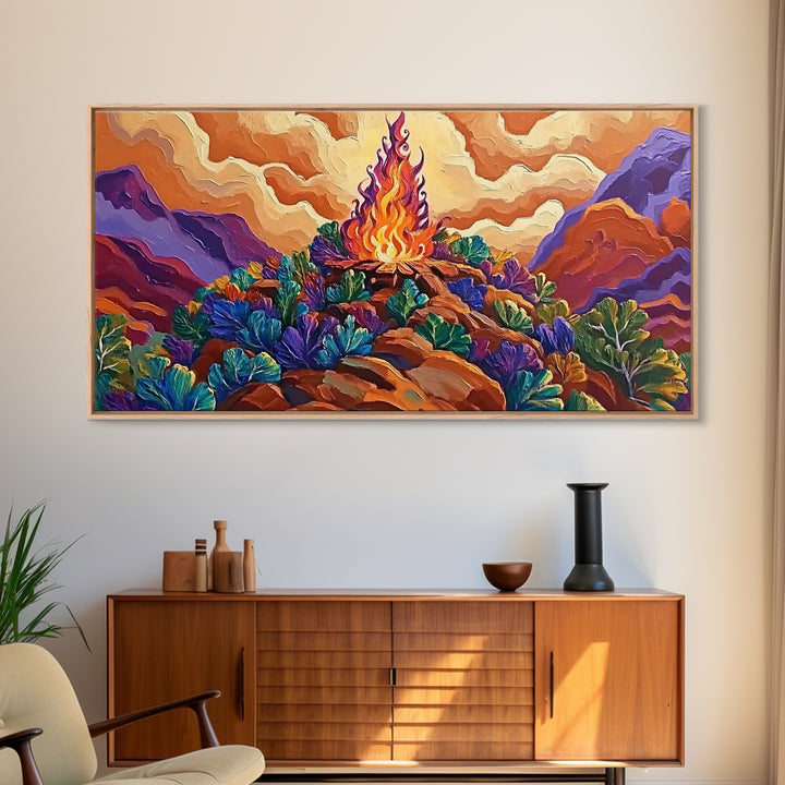 Campfire, Mountains, Glow, Vibrant campfire scene with colorful mountains and plants, Framed Canvas Print, rustic cabin wall art