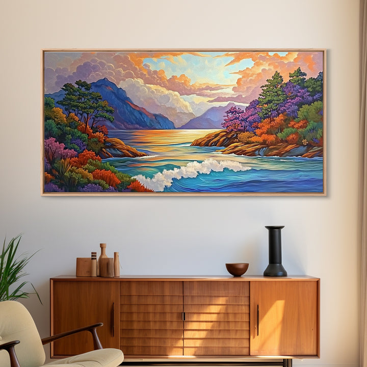 Ocean Sunset View, Vibrant Coastline, Mountain Landscape, Canvas Print, Living Room Wall Art, Colorful Seascape, Nature Painting