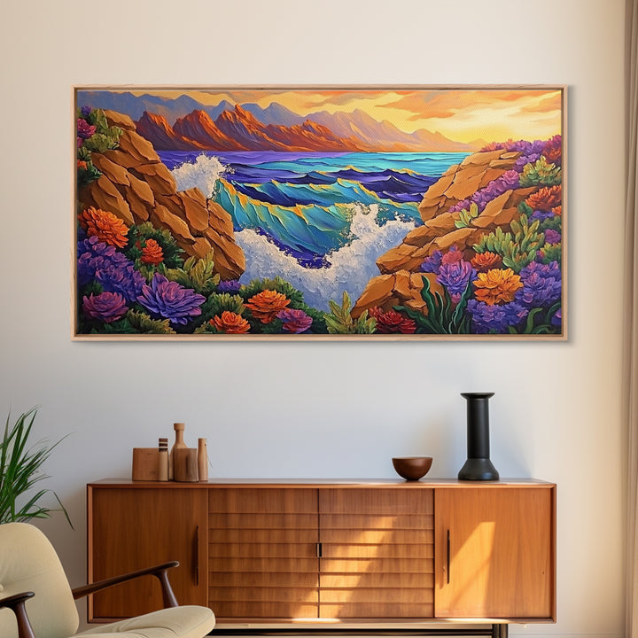 Ocean Cliff View, Crashing Waves Sunset, Bold Coastal Art, Framed Canvas Print, Nature Inspired Decor, Vibrant Seascape Painting