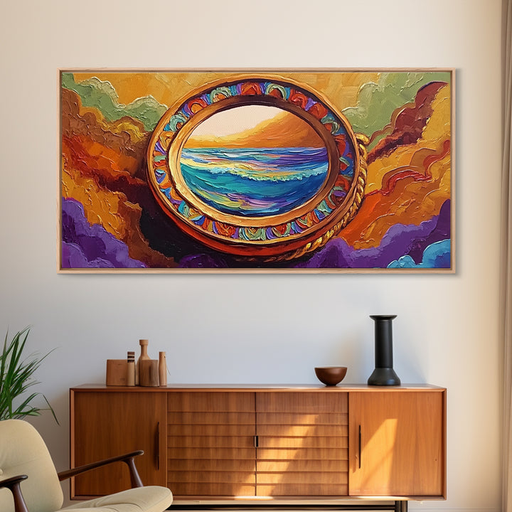 Ocean Portal View, Nautical Fantasy Frame, Abstract Beach Art, Canvas Print, Eclectic Living Room Decor, Surreal Coastal Artwork