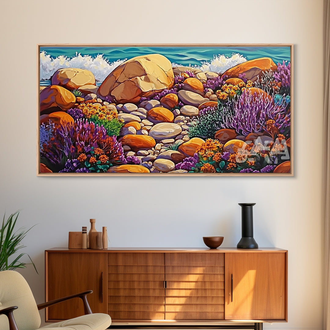 Coastal Garden, Rocks, Framed Canvas Print, Seaside nature landscape wall decor, Kitchen Wall Art, coastal art, vibrant summer vibe