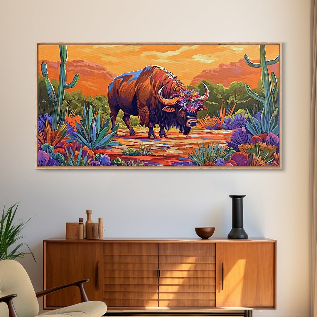 Buffalo Desert, Flowers, Canvas Print, Western buffalo art, colorful desert scene, ranch decor, Office Wall Art, Autumn Wall Art