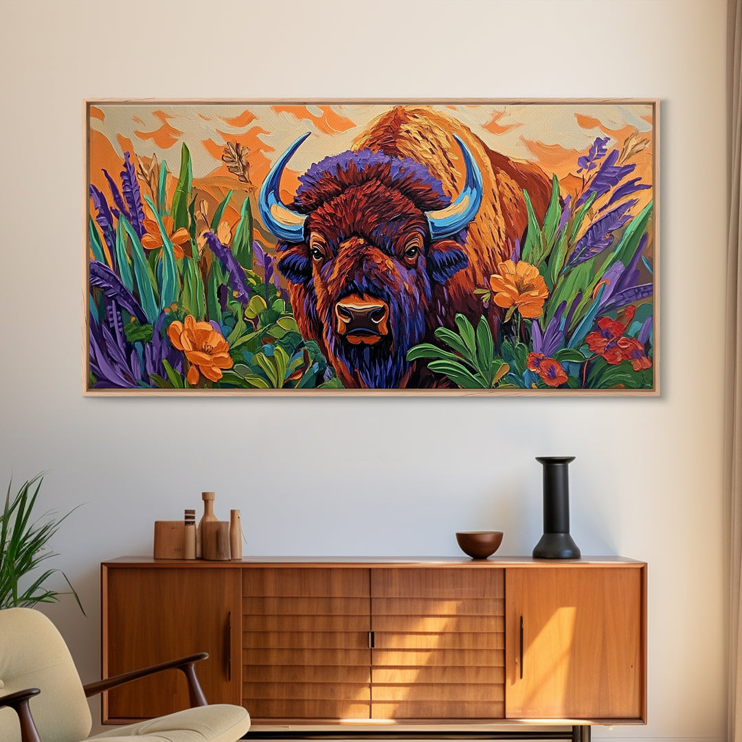 Buffalo Flowers, Bold, Canvas Print, Western bison face art, eclectic boho style, Living Room Wall Art, vibrant wildlife painting
