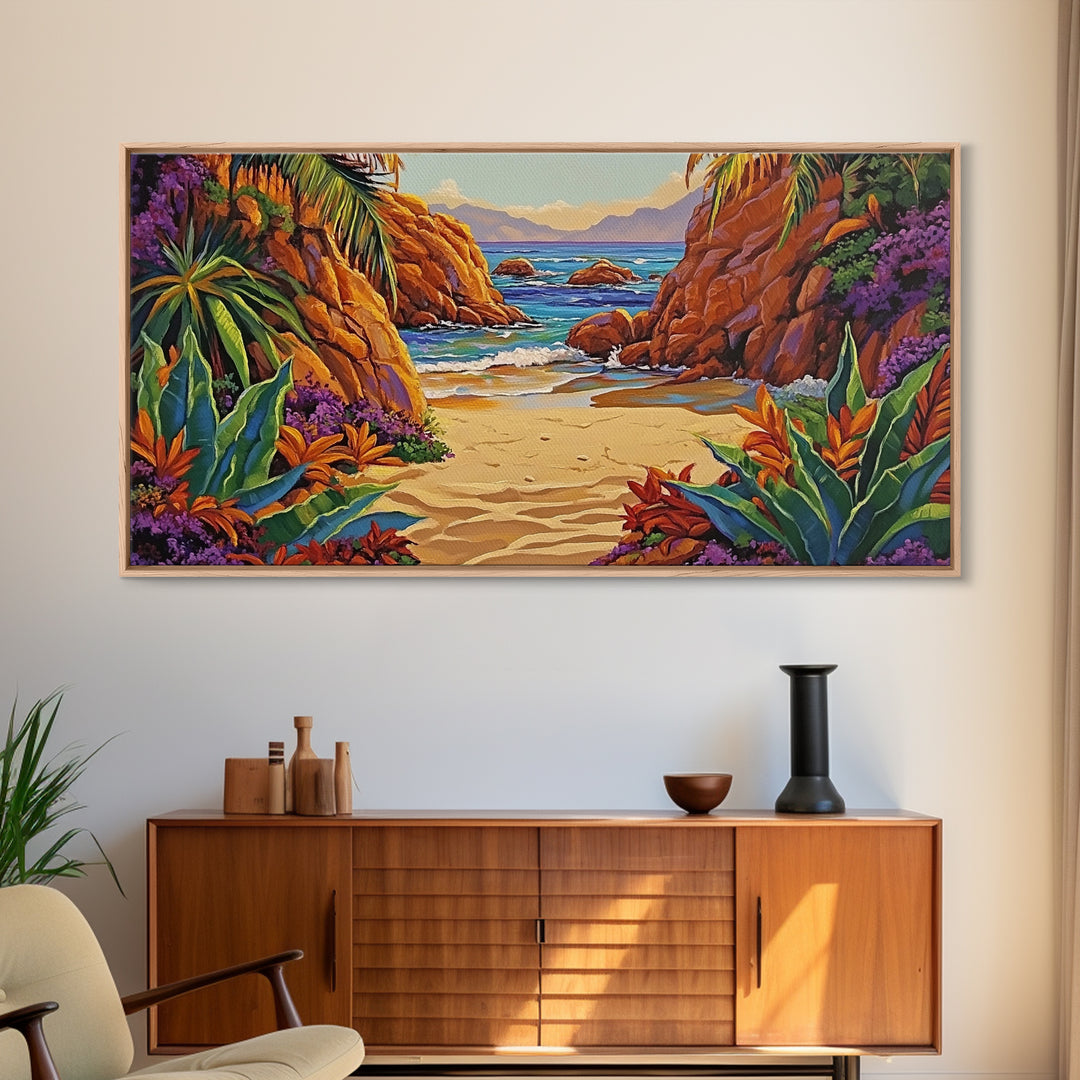 Cove Palms, Beach, Framed Canvas Print, Secluded tropical beach scene, Bedroom Wall Art, boho paradise vibes, coastal summer escape