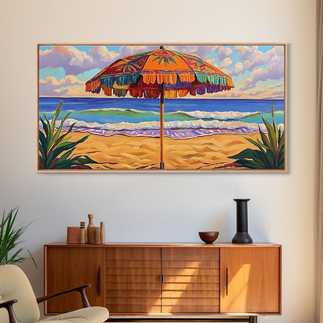 Umbrella Beach, Ocean, Framed Canvas Print, Colorful Beach Umbrella Painting, Retro Coastal Wall Decor, Summer Kitchen Art