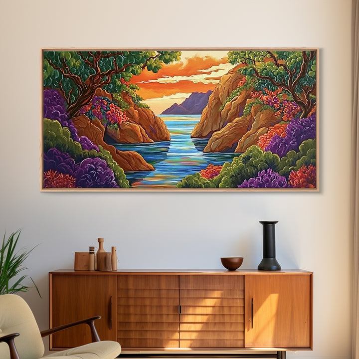 Sunset Bay, Trees, Tropical, Canvas Print, Nature Landscape Art, Colorful Wall Decor, Relaxing Home Vibes, Dining Room Accent