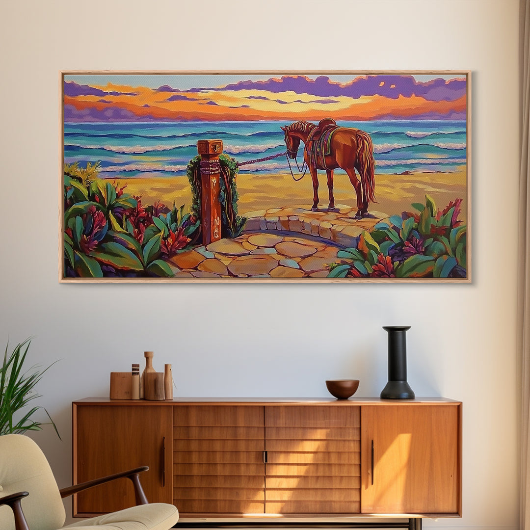 Horse Beach, Sunset, Western, Framed Canvas Print, Cowboy Art, Coastal Wall Decor, Rustic Boho Style, Entryway Statement Piece