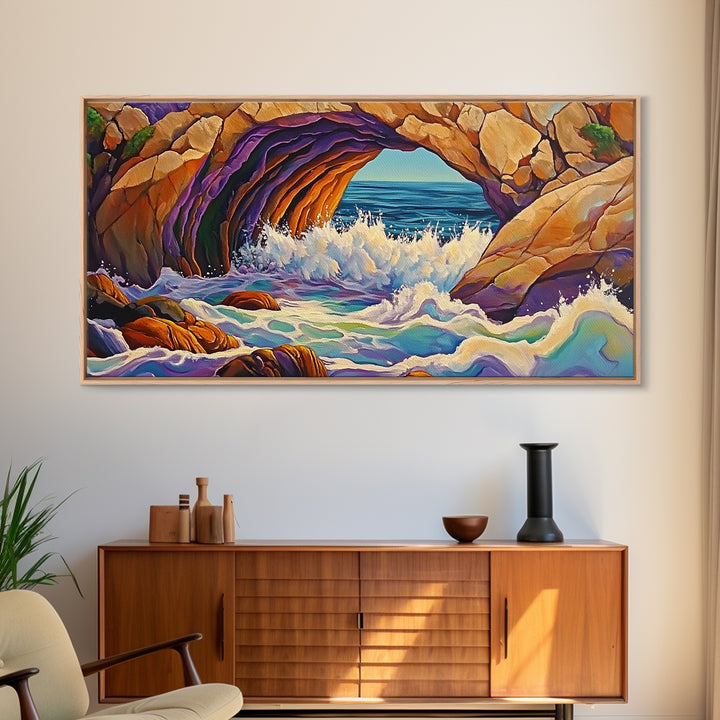 Cave Ocean, Wave, Cliff, Canvas Print, Coastal Nature Art, Bold Seaside Landscape Painting, Living Room Wall Decor, Nature Escape