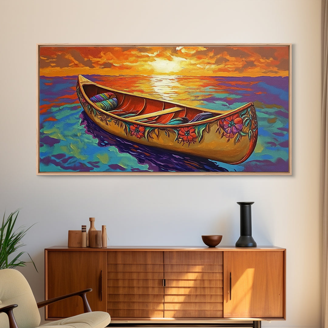Canoe Sunset, Ocean, Solitude, Framed Canvas Print, Tranquil Beach Wall Art, Summer Decor, Nautical Painting, Living Room Accent