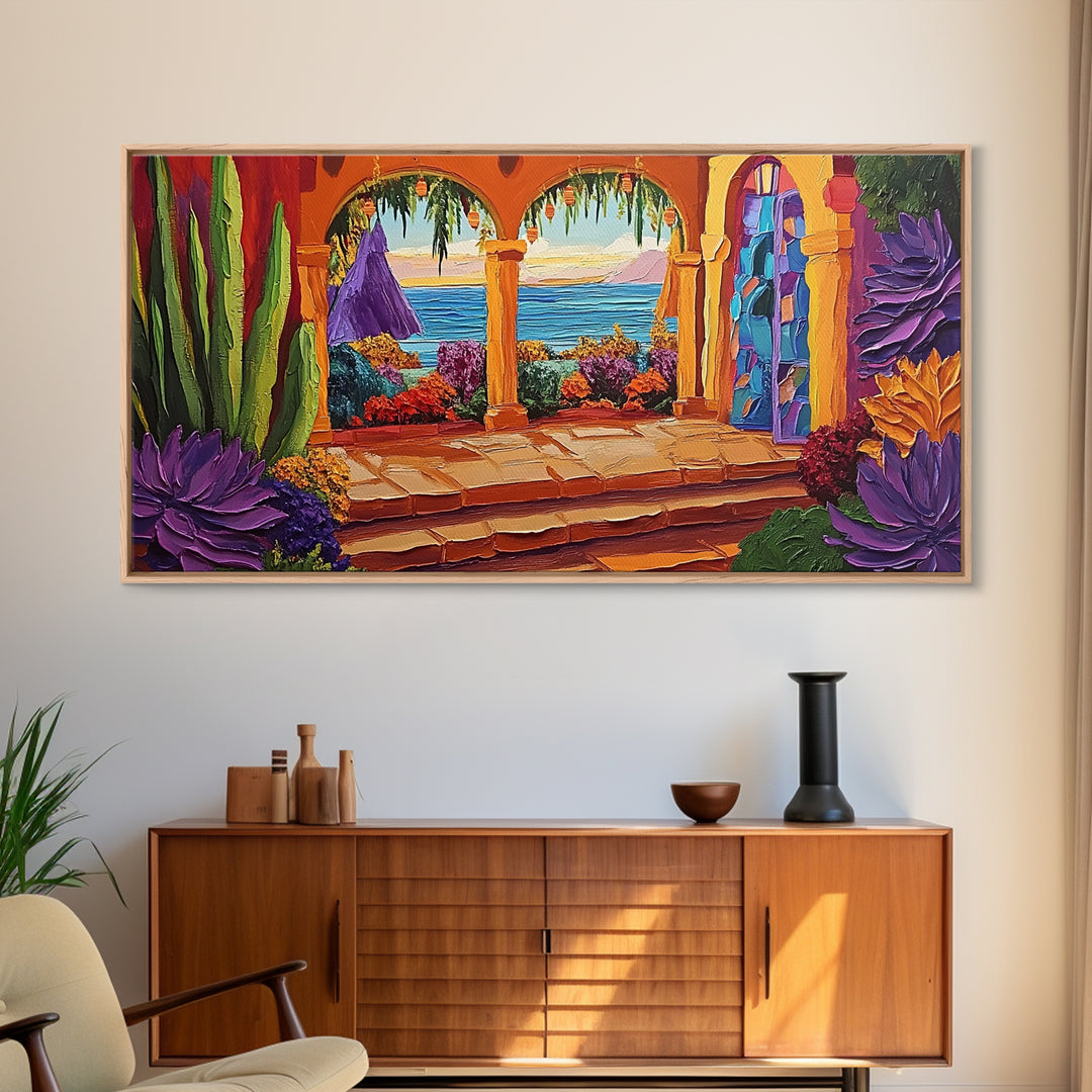 Patio Ocean, Paradise, View, Canvas Print tropical patio view art, living room coastal decor, sunset painting, Mediterranean vibes