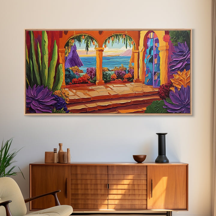 Patio Ocean, Paradise, View, Canvas Print tropical patio view art, living room coastal decor, sunset painting, Mediterranean vibes