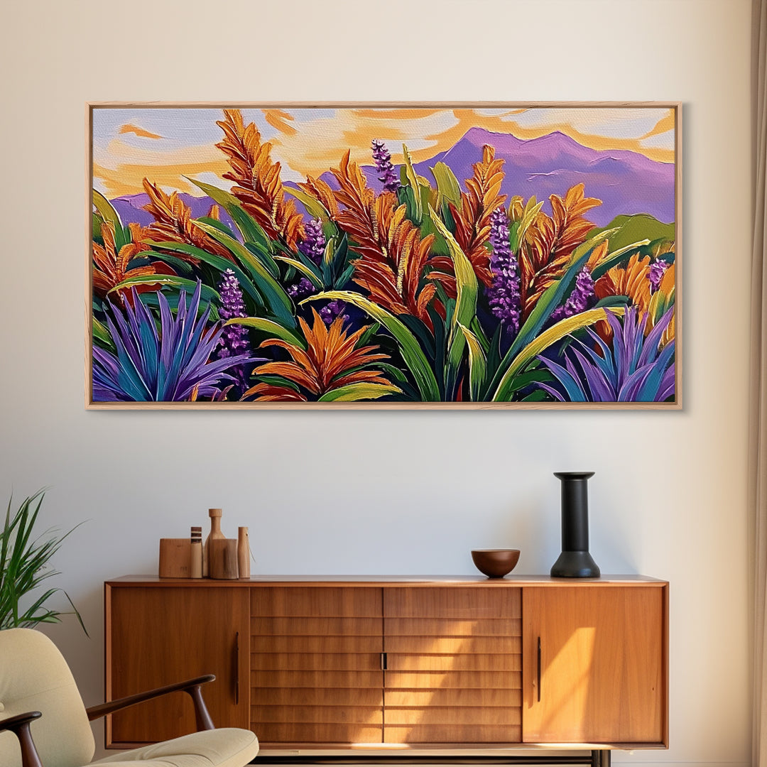 Botanical Sunset, Mountain, Framed Canvas Print, Vibrant Flower Field Painting, Nature Boho Wall Art, Sunset Hallway Decor