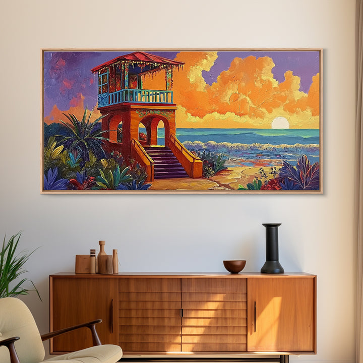 Beach Sunset, Tower, Tropical, Canvas Print, Coastal sunset art, boho beach house decor, vibrant tropical wall art, living room art