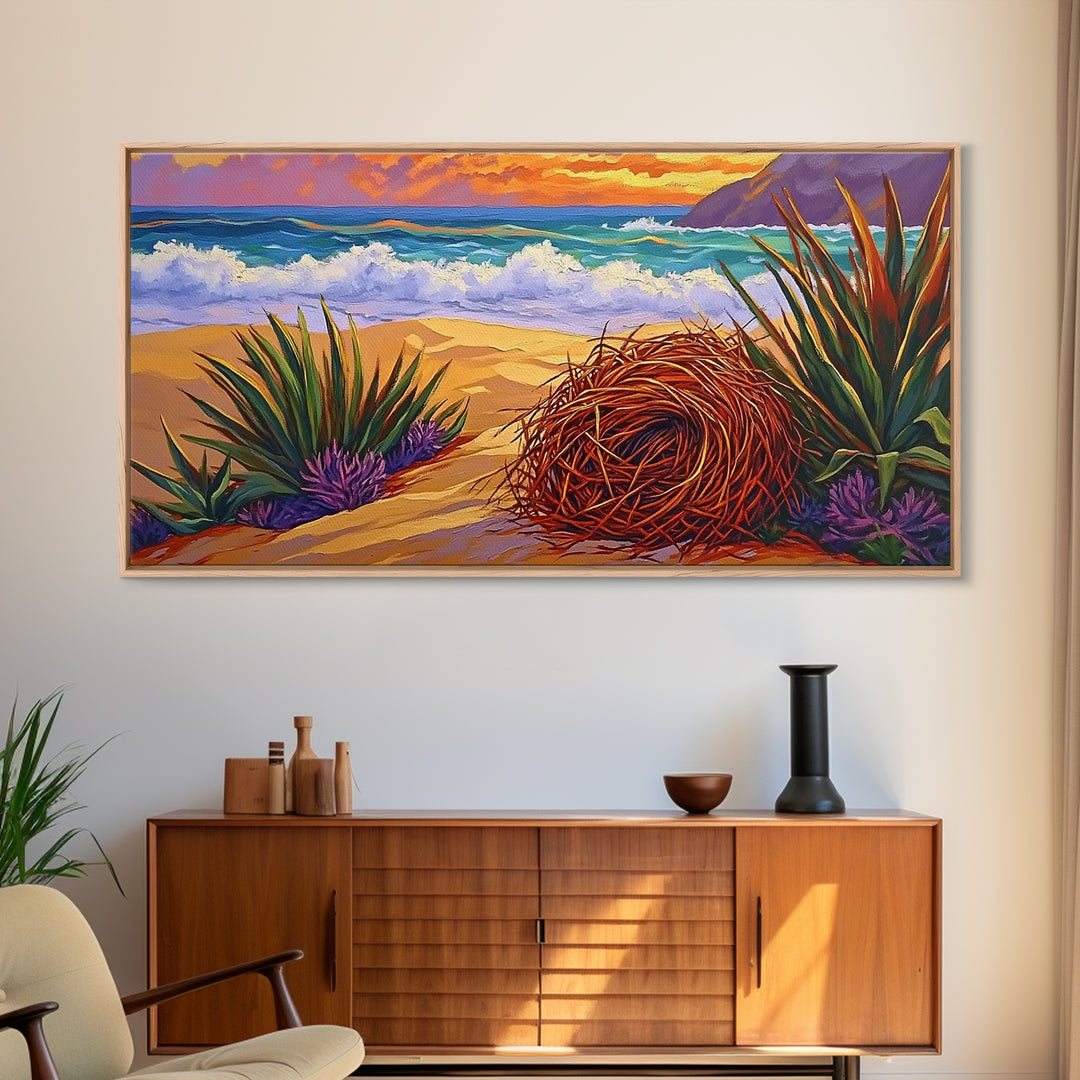Nest Ocean, Beach, Nature, Framed Canvas Print, Desert beach art, boho coastal nature scene, calming fall tones, living room wall decor
