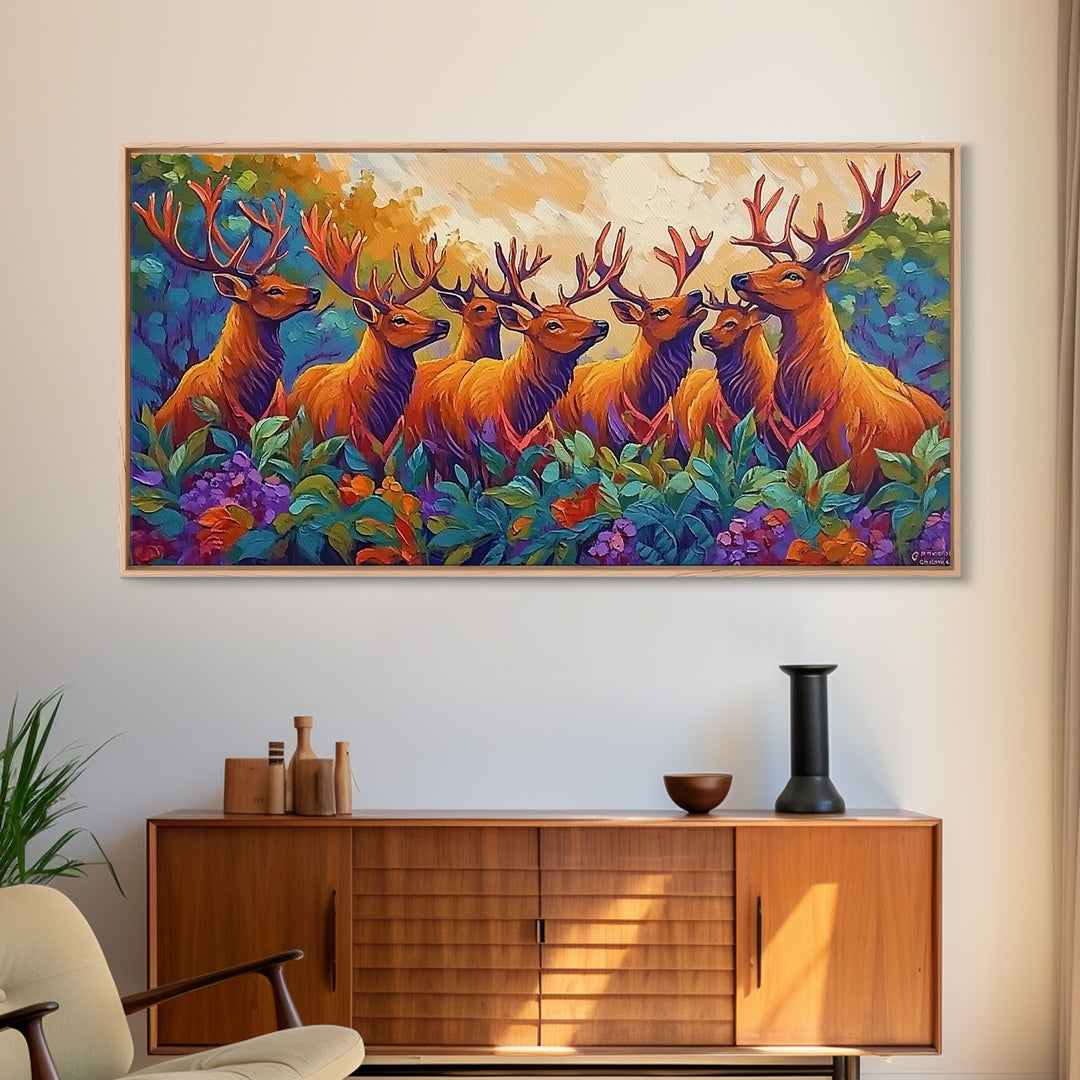 Deer Autumn, Forest, Scene, Framed Canvas Print wildlife cabin wall decor, vibrant Fall nature art, lodge living room print