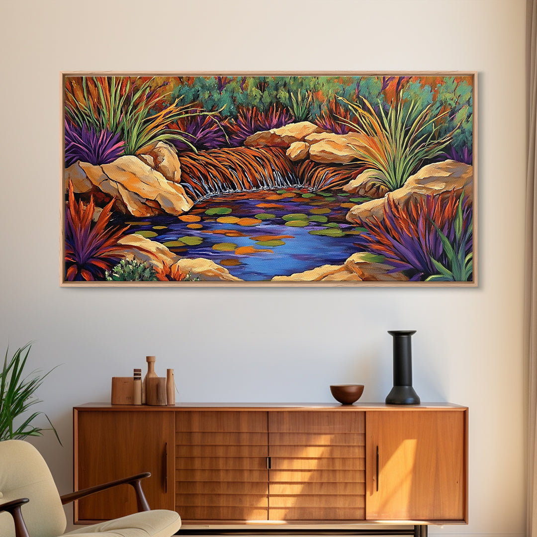 Desert Waterfall, Vibrant, Nature, Framed Canvas Print, desert oasis waterfall, Living Room Wall Art, colorful landscape painting