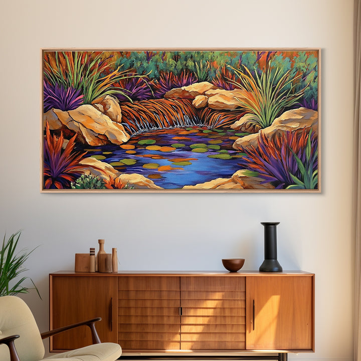 Desert Waterfall, Vibrant, Nature, Framed Canvas Print, desert oasis waterfall, Living Room Wall Art, colorful landscape painting