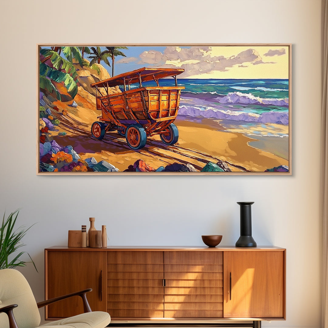 Coastal Cart, Tropical Beach, Ocean Shoreline, Framed Canvas Print, Rustic Wall Art, Coastal Living Room Decor, Summer Vibes Painting