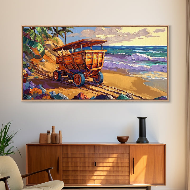 Coastal Cart, Tropical Beach, Ocean Shoreline, Framed Canvas Print, Rustic Wall Art, Coastal Living Room Decor, Summer Vibes Painting