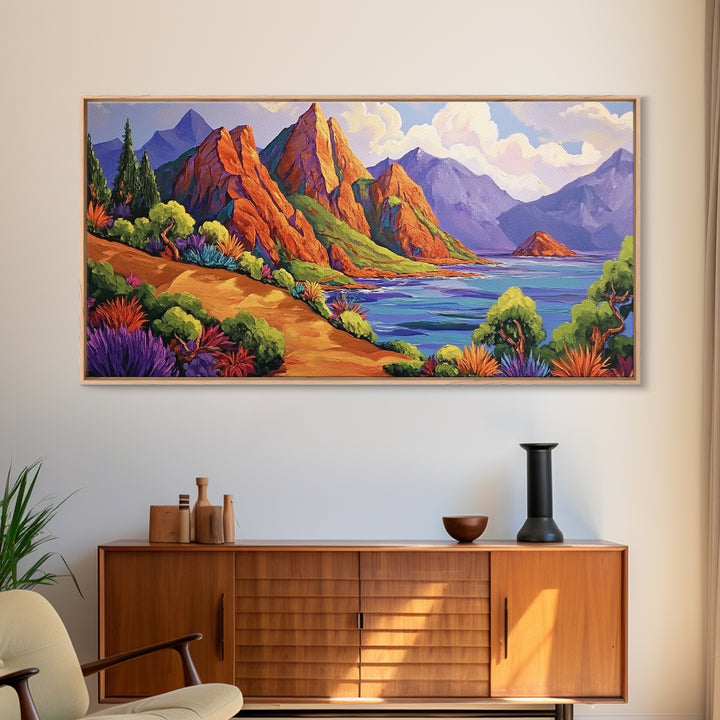 Coastal Cliffs, Tropical Shoreline, Sunset Mountains, Canvas Print, Boho Nature Wall Art, Office Decor, Landscape Painting