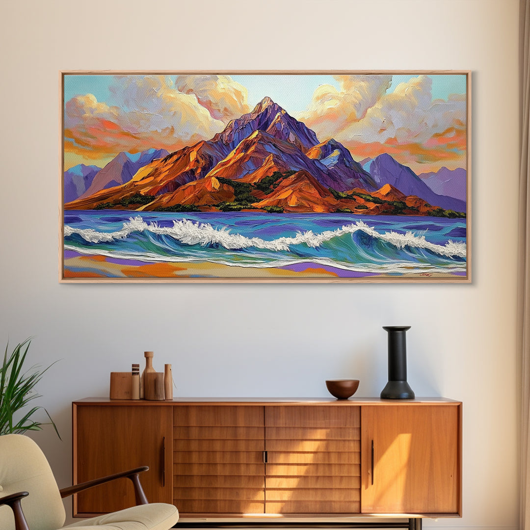 Ocean Peak, Island Sunrise, Vibrant Mountain, Framed Canvas Print, Bold Coastal Art, Beach House Wall Decor, Sunset Vibes