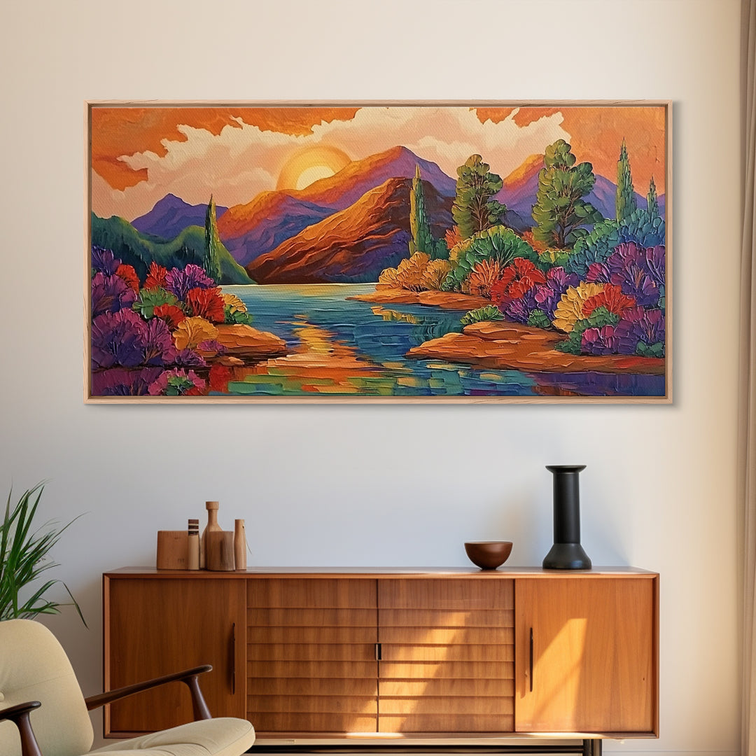 Sunset Lake, Autumn Trees, Mountain Reflections, Framed Canvas Print, Cozy Fall Wall Art, Bedroom Decor, Warm Landscape Painting