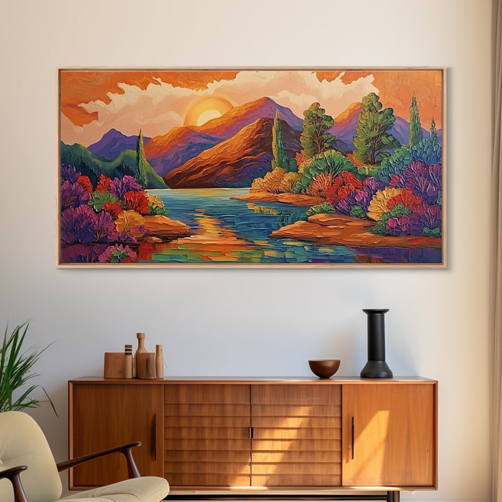 Sunset Lake, Autumn Trees, Mountain Reflections, Framed Canvas Print, Cozy Fall Wall Art, Bedroom Decor, Warm Landscape Painting