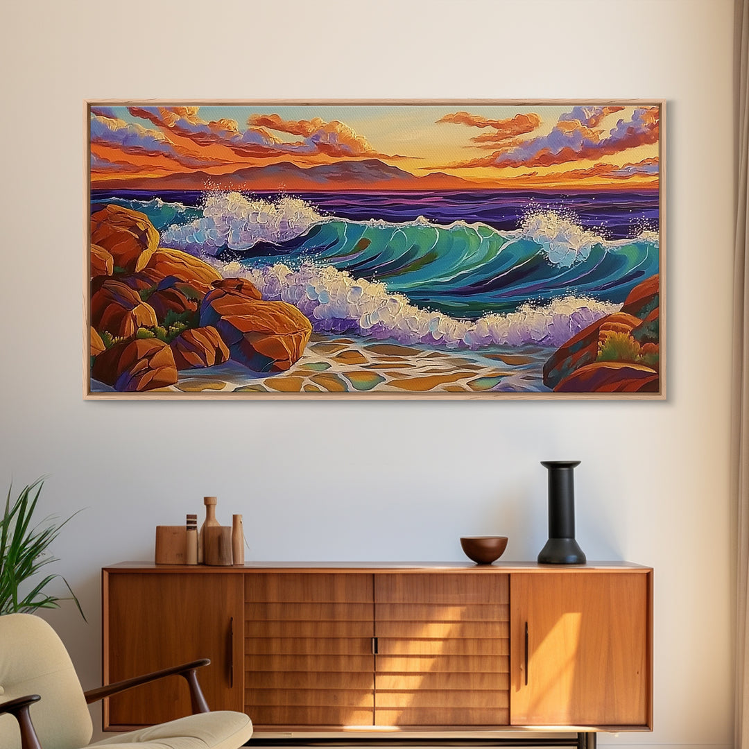 Coastal Splash, Sunset Rocks, Ocean Wave, Framed Canvas Print, Bold Nature Wall Art, Living Room Decor, Vibrant Seaside Artwork