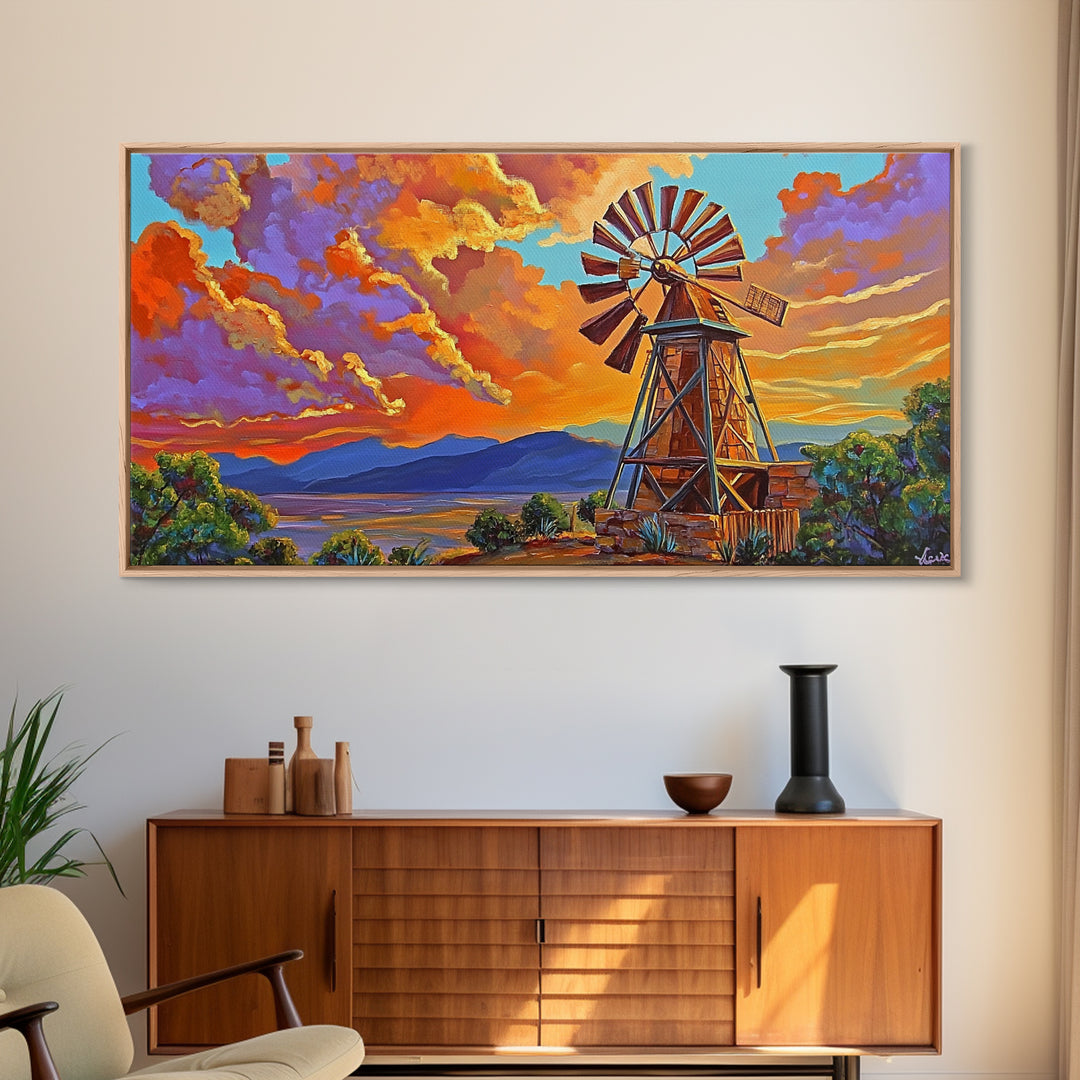 Rustic Windmill, Sunset, Country Sky, Canvas Print, Vibrant farmhouse scene perfect Fall Living Room Wall Art or Rustic Home Decor
