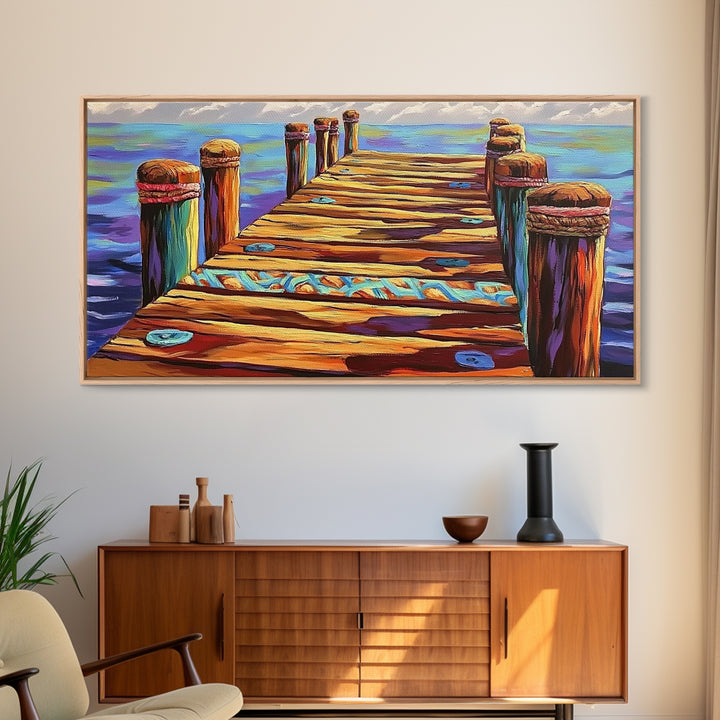 Dock View, Ocean, Coastal Path, Framed Canvas Print, Vibrant pier artwork ideal Beach House Wall Art or Nautical Entryway Decor