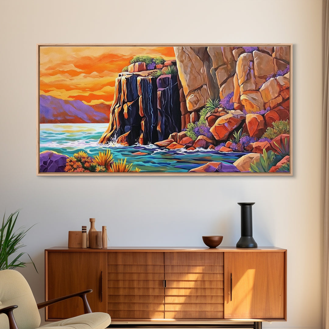 Desert Sunset, Cliffs, Nature, Framed Canvas Print, rocky cliffs and sea, Boho Living Room Wall Art, colorful sunset art, coastal vibes
